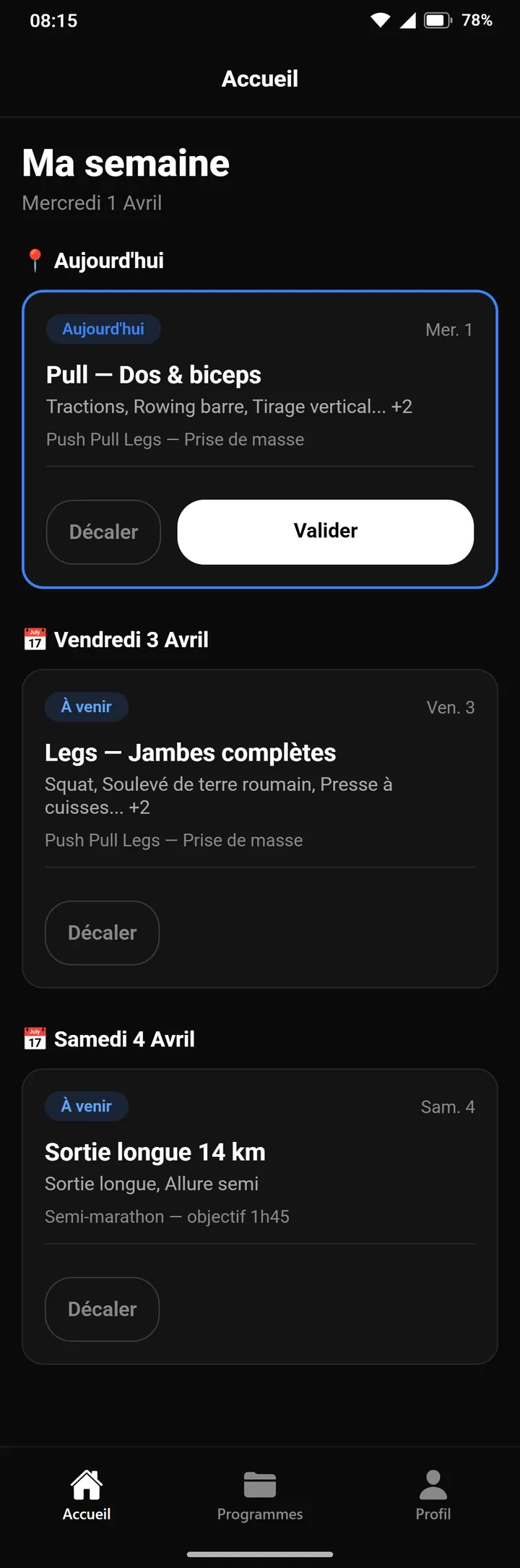 Écran d'accueil de MyProgram 2.0.0, 5 avril 2026