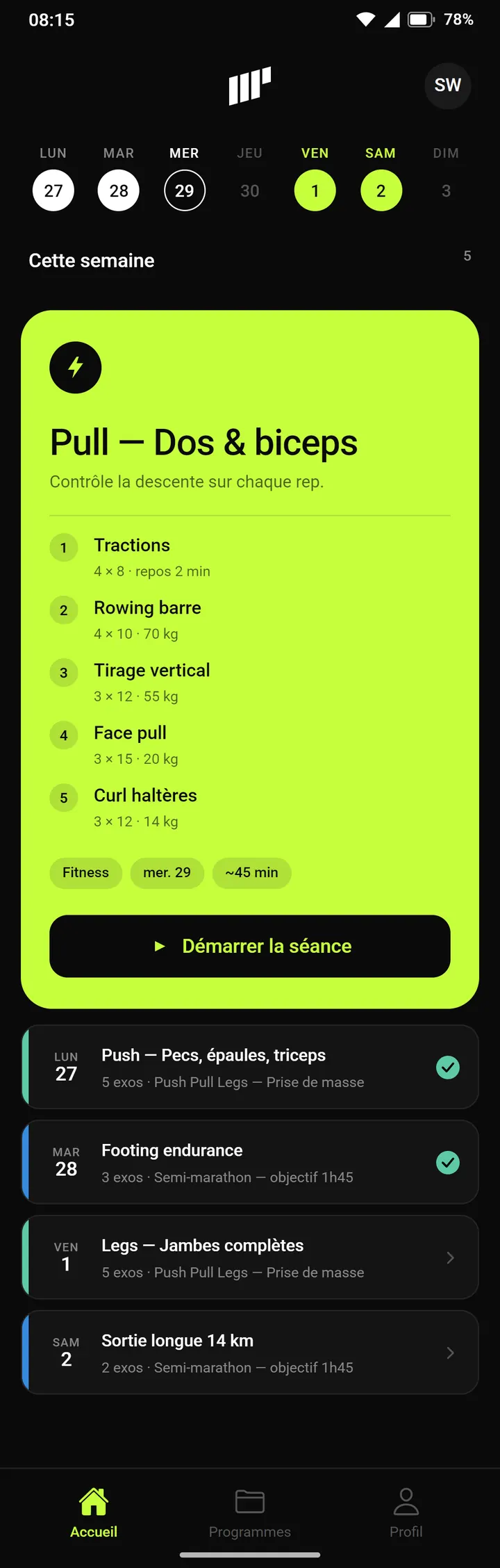 Écran d'accueil de MyProgram 3.0.0, 27 avril 2026