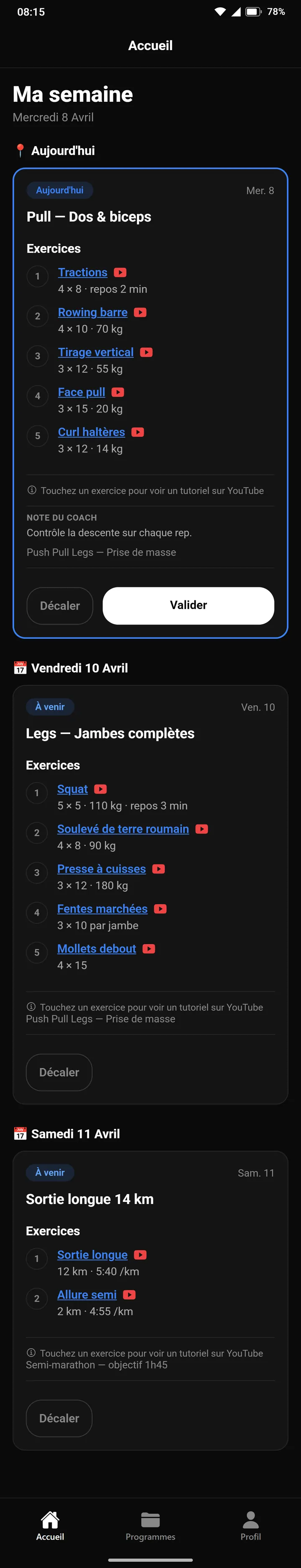Écran d'accueil de MyProgram 2.1.0, 8 avril 2026