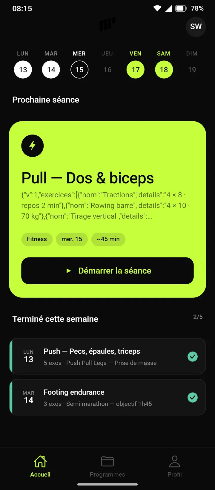 Écran d'accueil de MyProgram 2.1.0, 19 avril 2026